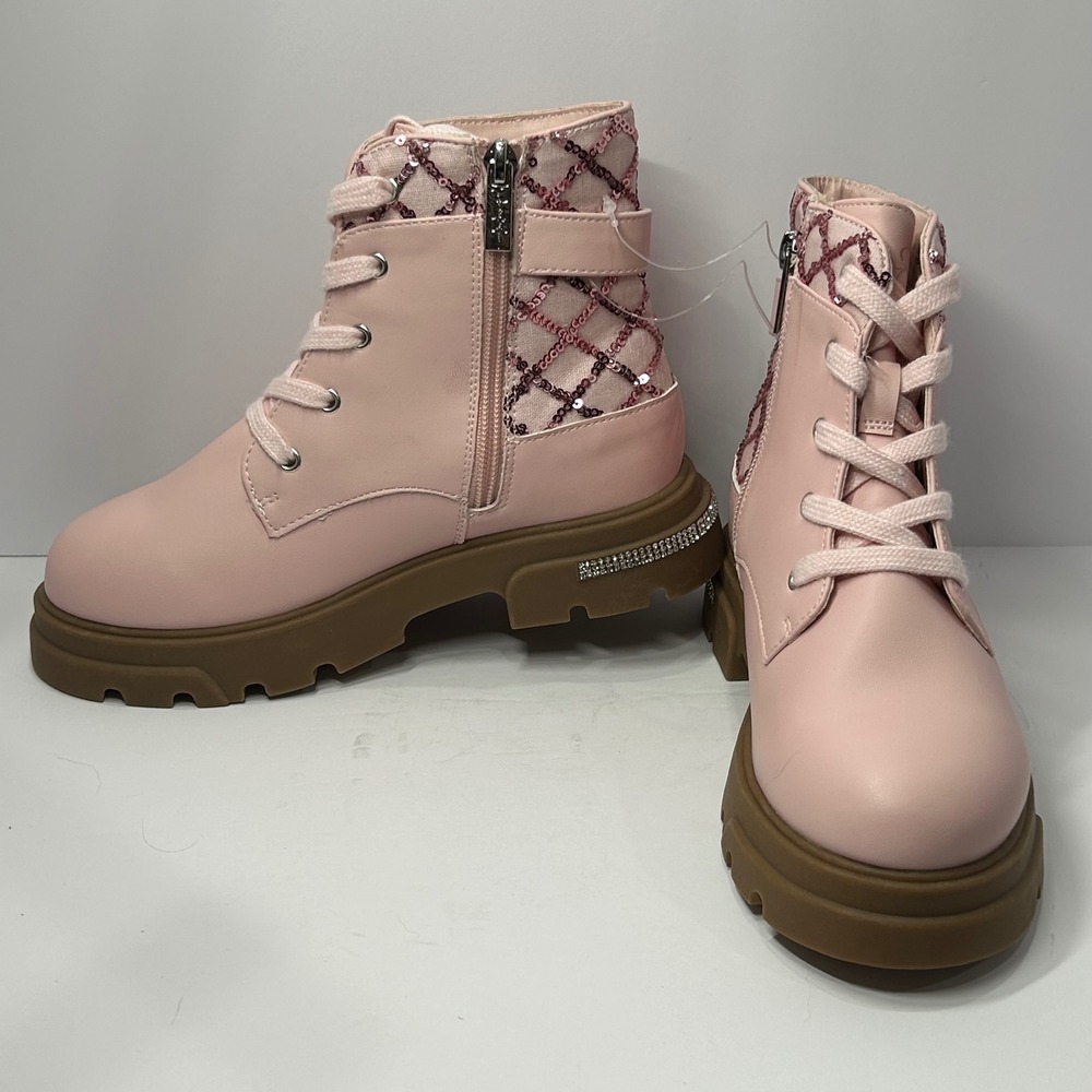 Jessica Simpson Kids Pink Sequin Rhinestone Lug Sole Combat Boots Size 2
